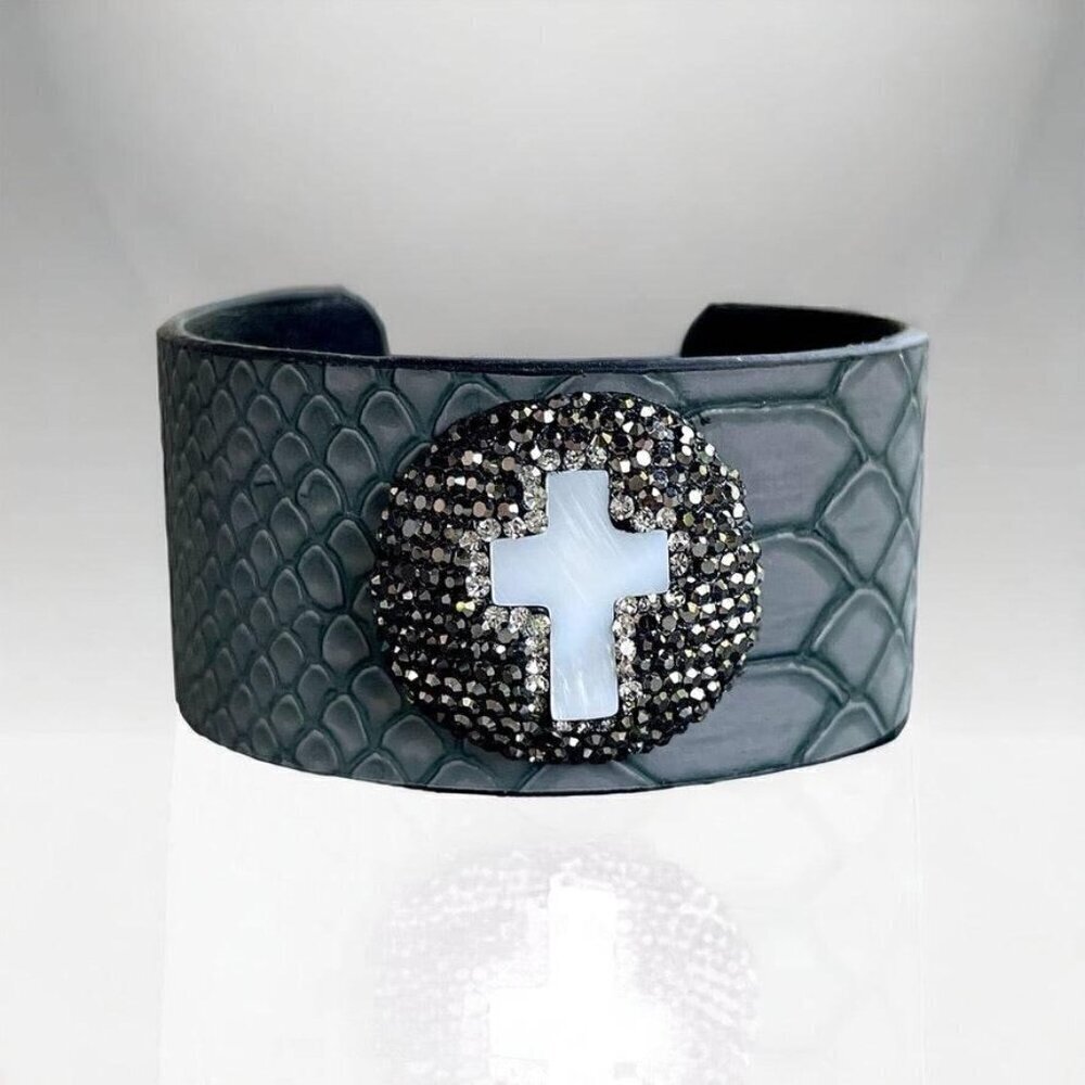 Wide Leather Cuff Bracelet with a Mother of Pearl Cross and Rhinestone Accent